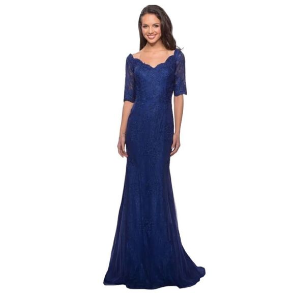 NWT La Femme Beaded V-Neck Lace Gown blue Maxi Dress Women Size 8 $639 - Picture 2 of 15